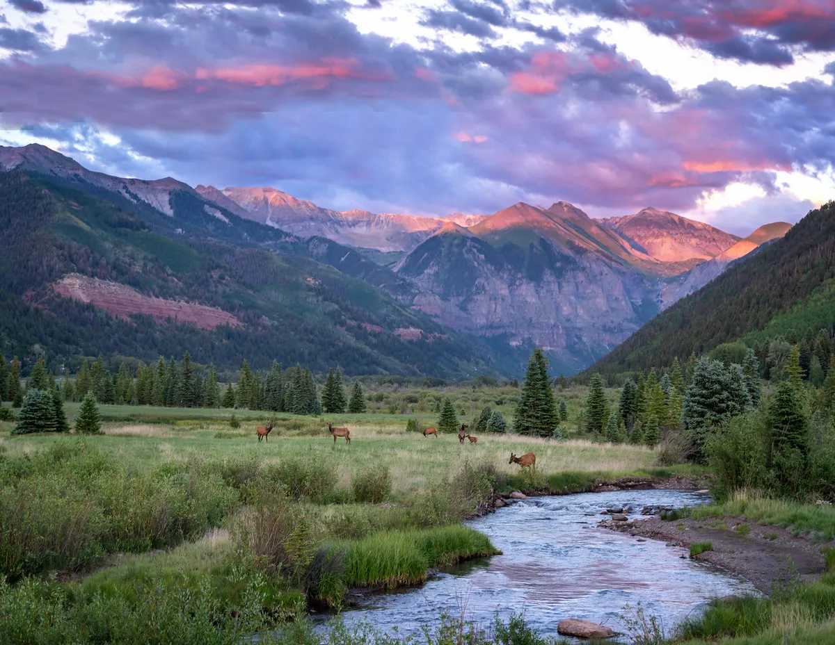 A tranquil outdoor scene featuring a gently flowing stream bordered by lush greenery, with distant mountains rising under a cloudy sky. A pair of deer graze nearby, highlighting the natural beauty and peacefulness of the area. The scene exudes serenity and the promise of romantic walks in nature.